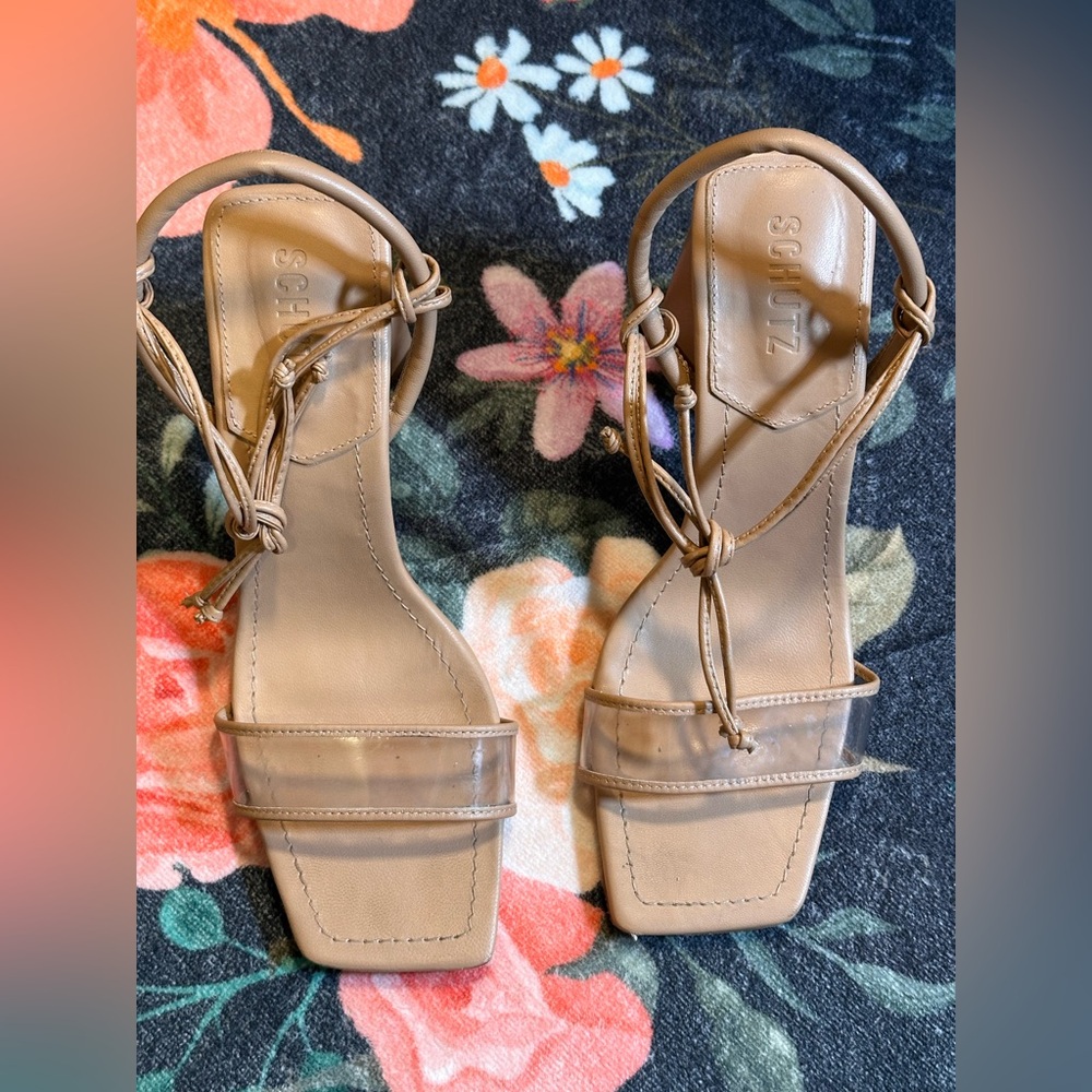 schutz gianna nappa leather honey beige heel platform sandal cream nude clear - Picture 3 of 7